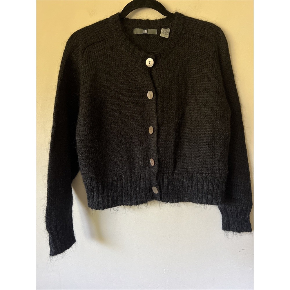 Vintage Gap Cardigan Sweater Women's Size M Cropped Black Mohair Wool Button Up